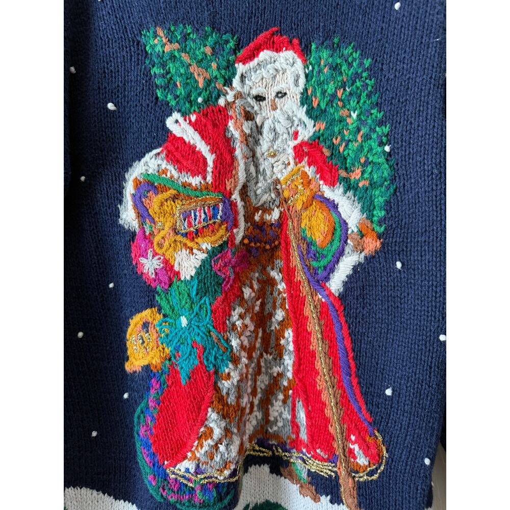 Vintage Casual Corner Texture Knit Santa Christmas Sweater Navy Medium Oversized